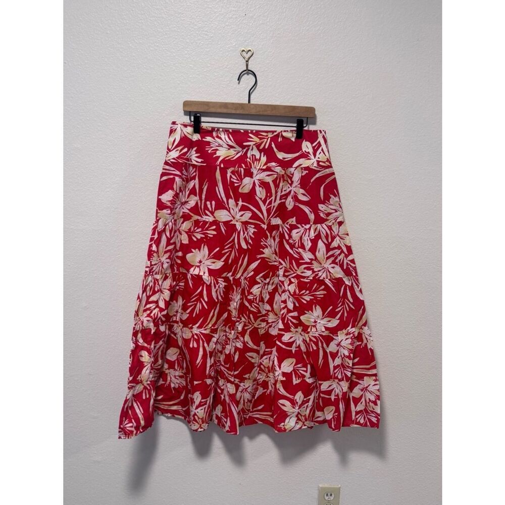 Jones New York Maxi Red Floral Boho Tropical Cotton Skirt w/ Side Zip - Size 10